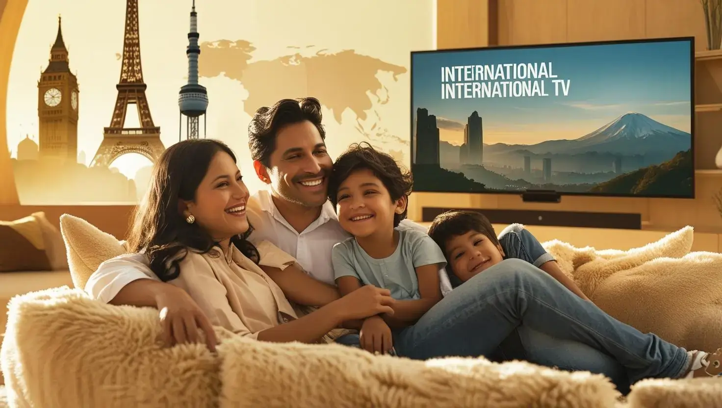 Latin American family watching international content on Magis TV in a cozy home