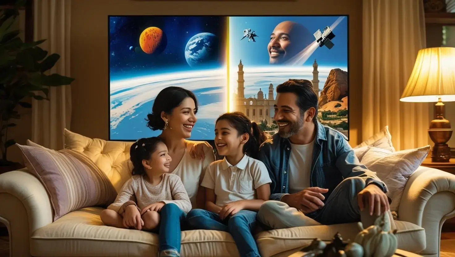 Latin American family watching educational channels on Magis TV together in the living room