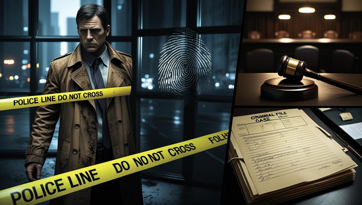 A dark-toned collage showing a detective, crime scene tape, fingerprints, and a courtroom — representing crime channels on Magis TV.
