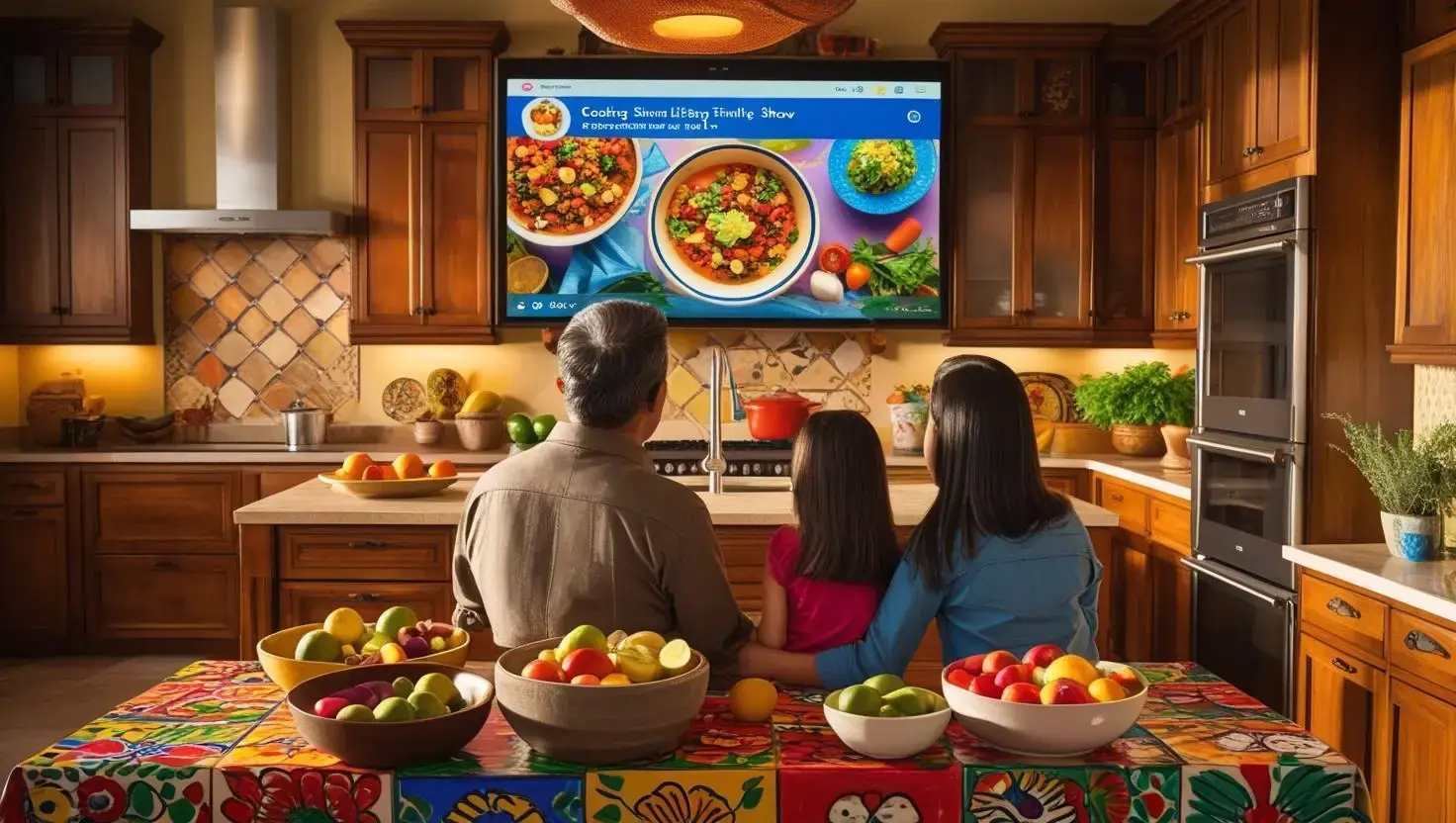 Latin American family watching Magis TV cooking and lifestyle programs together in a cozy home kitchen