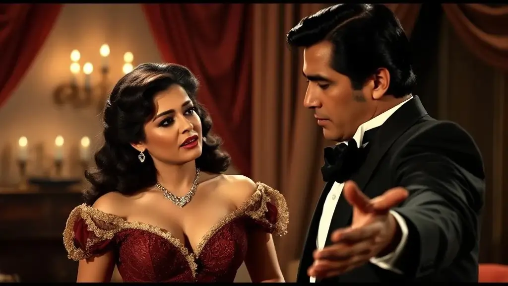 Dramatic scene from a classic Latin American telenovela with emotional actors
