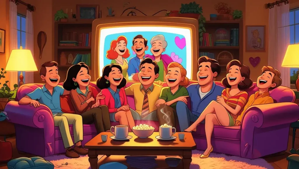 Animated friends laughing in a living room while watching sitcoms
