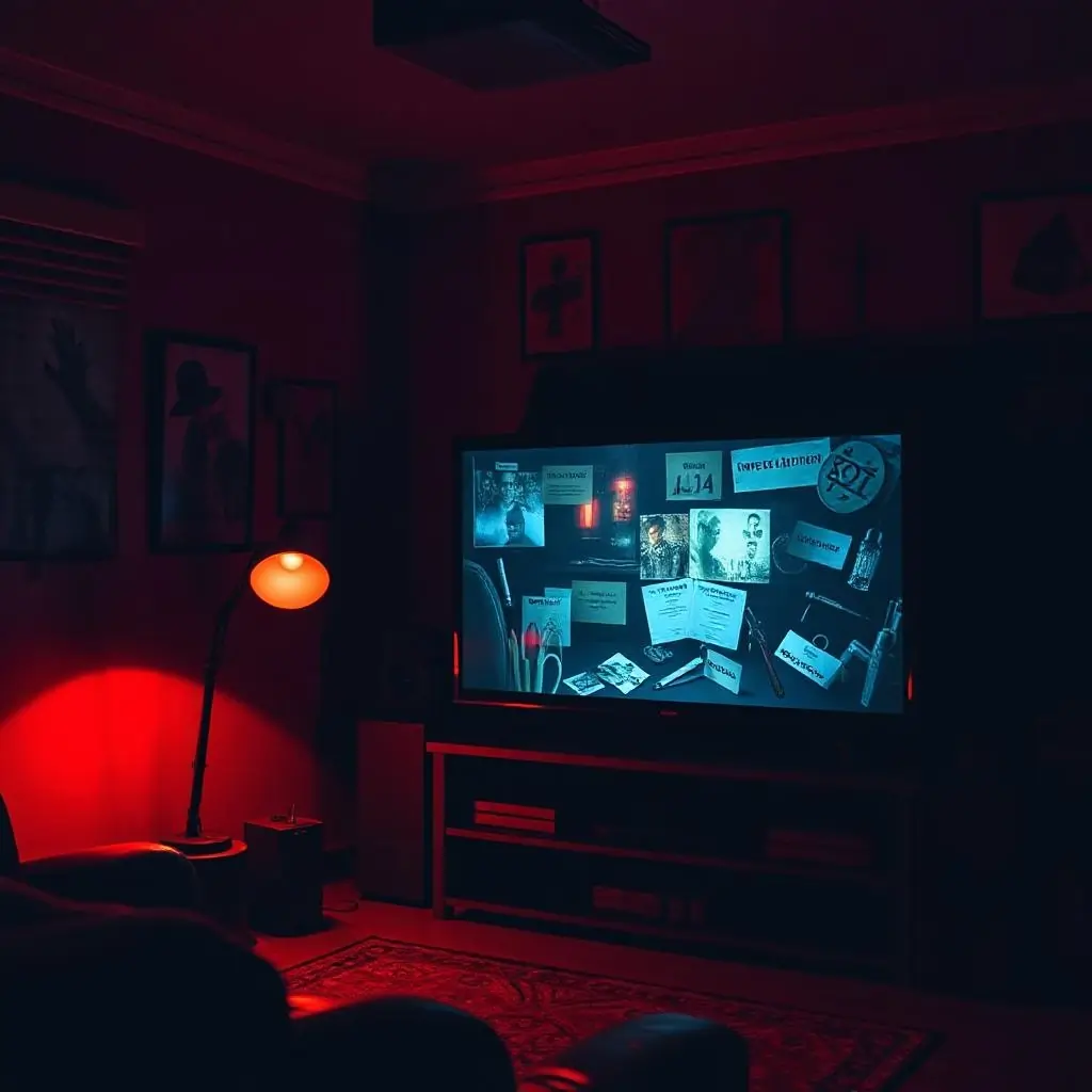 Detective board and mystery visuals representing true crime documentaries