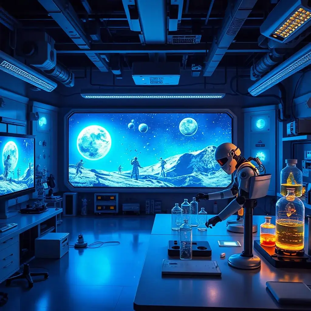 A high-tech lab and space elements symbolizing science documentaries