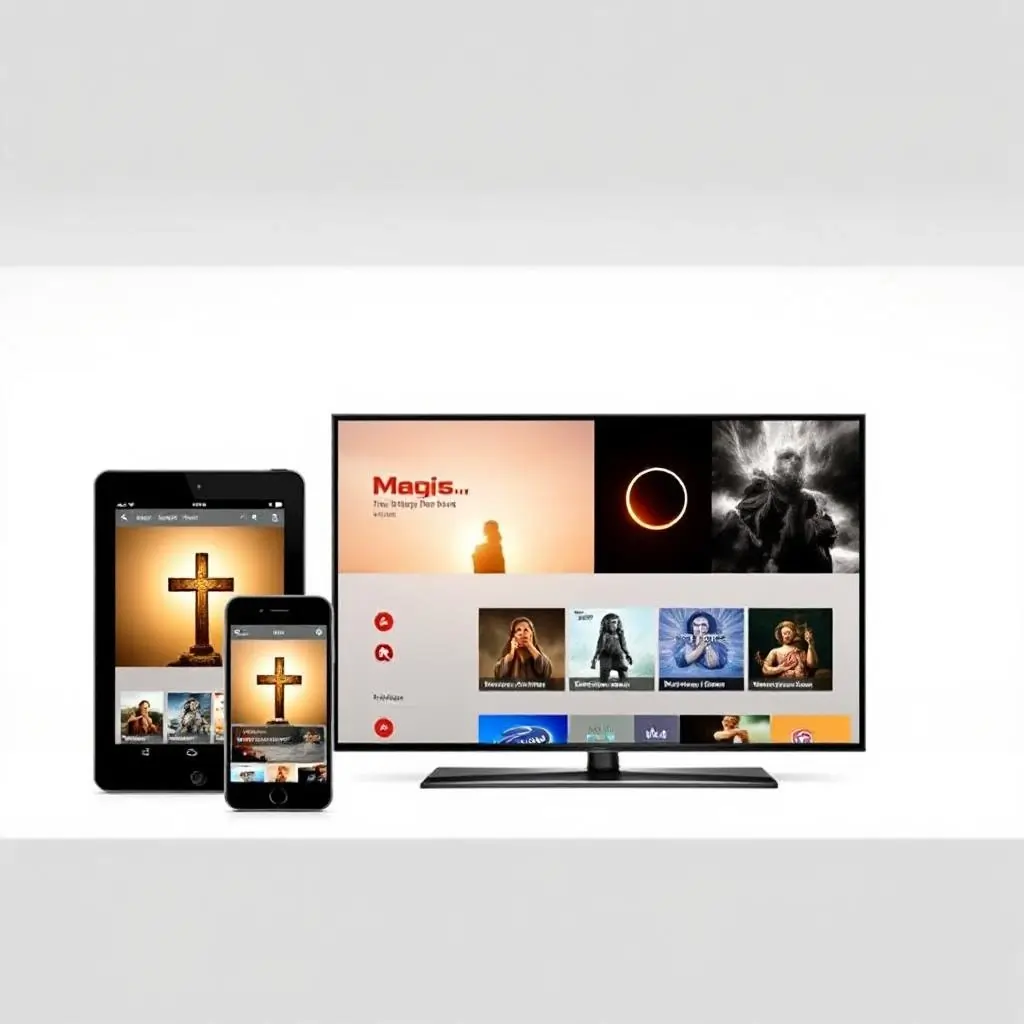 Magis TV app on phone, tablet, and smart TV showing religious content