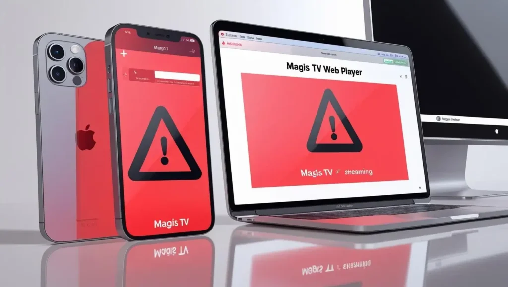 iPhone showing Safari browser with Magis TV web player and AirPlay mirroring
