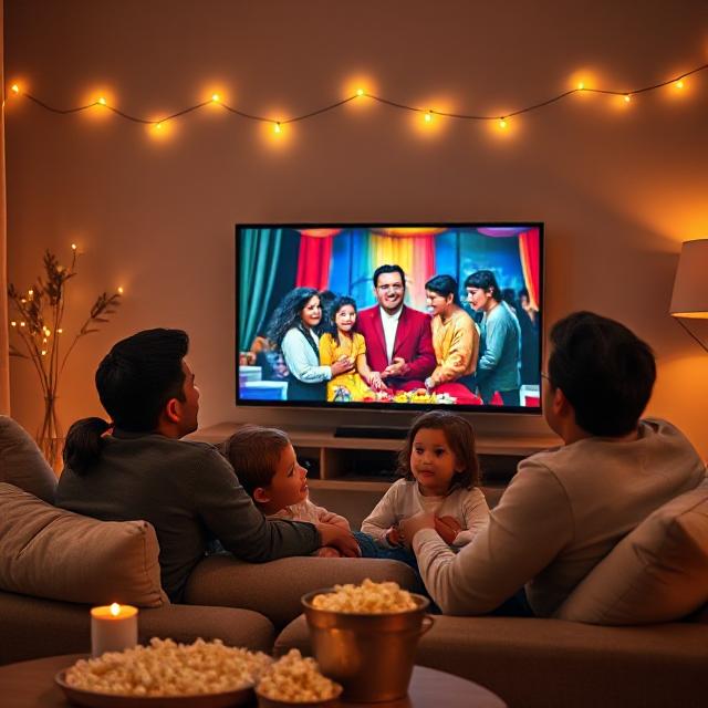 Happy family watching a Latin telenovela on Magis TV in a cozy living room