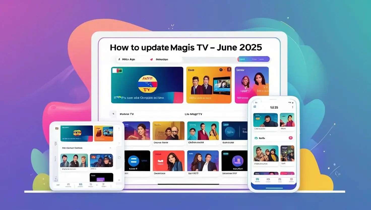 Smart TV, smartphone, and tablet showing Magis TV interface for June 2025 update