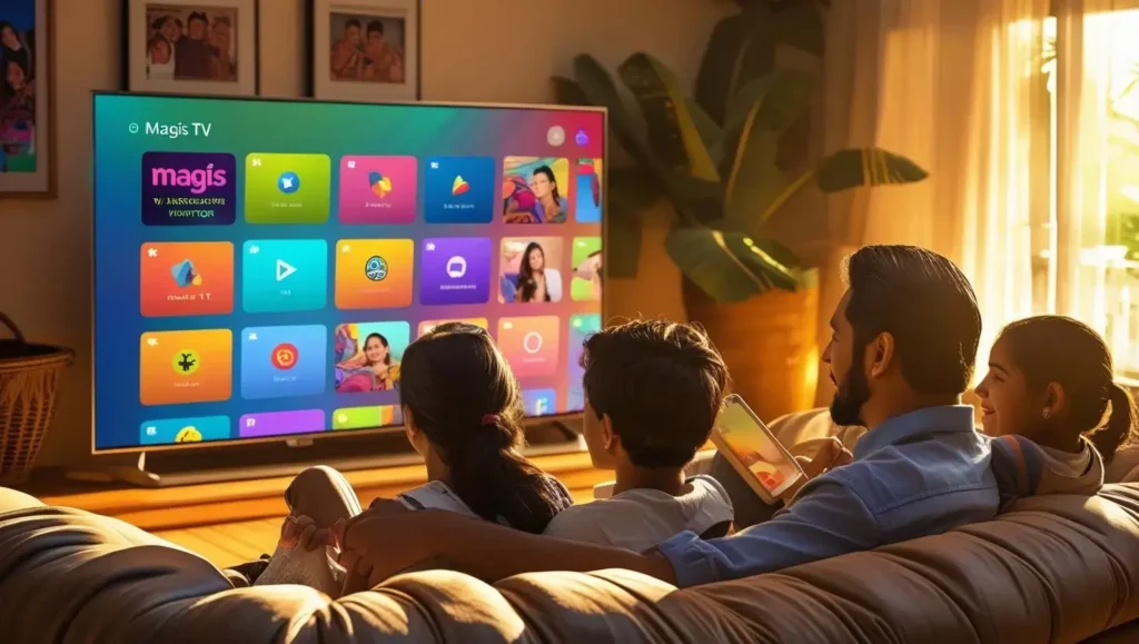 Latin American family watching Magis TV on a smart TV in a cozy living room