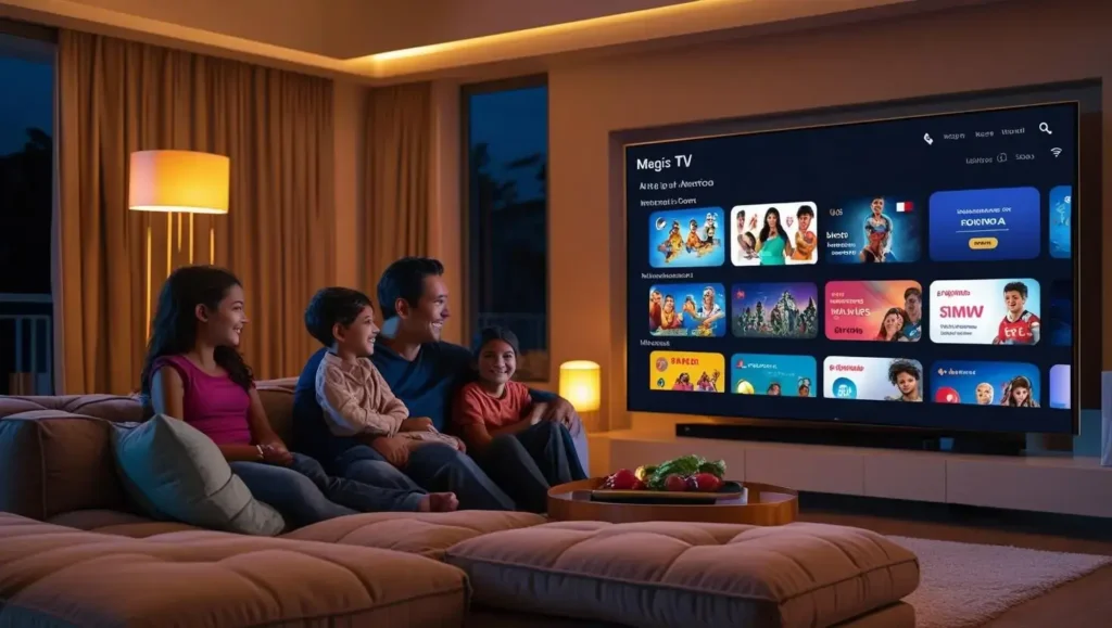 A happy Latin American family watching Magis TV together on a Smart TV