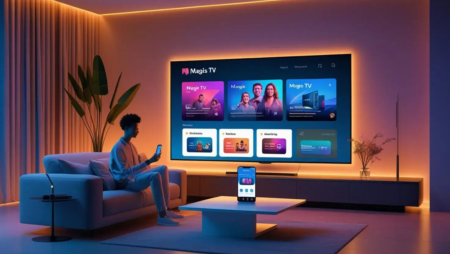 Magis TV streaming on TV, smartphone, and laptop in a modern living room