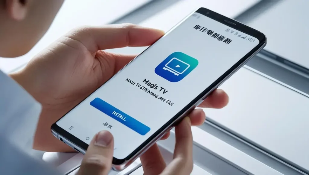 Person installing Magis TV APK on an Android smartphone with simple steps