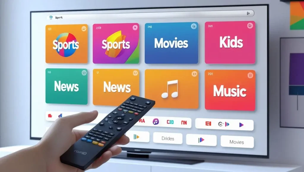 IPTV channel categories on Magis TV including sports, movies, kids, news, and more