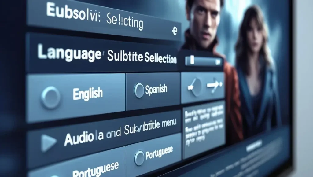 Language and subtitle selection screen with English, Spanish, and Portuguese options