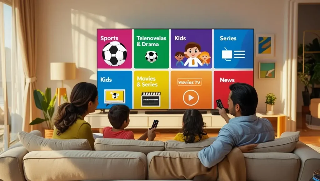 Smart TV interface with Magis TV categories like Sports, Drama, Kids, Movies, and News