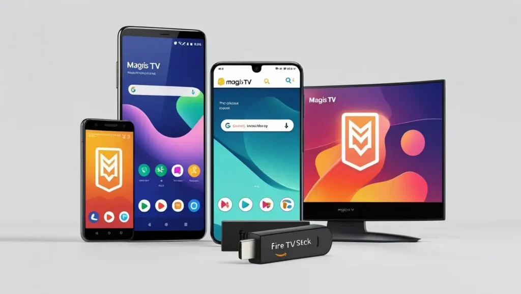 Magis TV interface shown on Android TV, smartphone, tablet, and Fire Stick