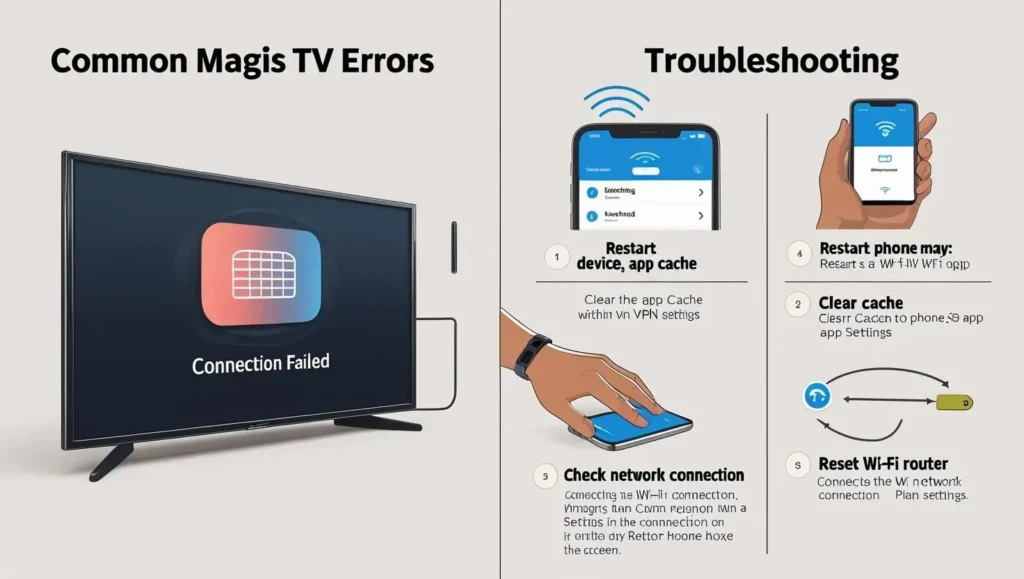 Person checking Wi-Fi settings and restarting Magis TV on a device