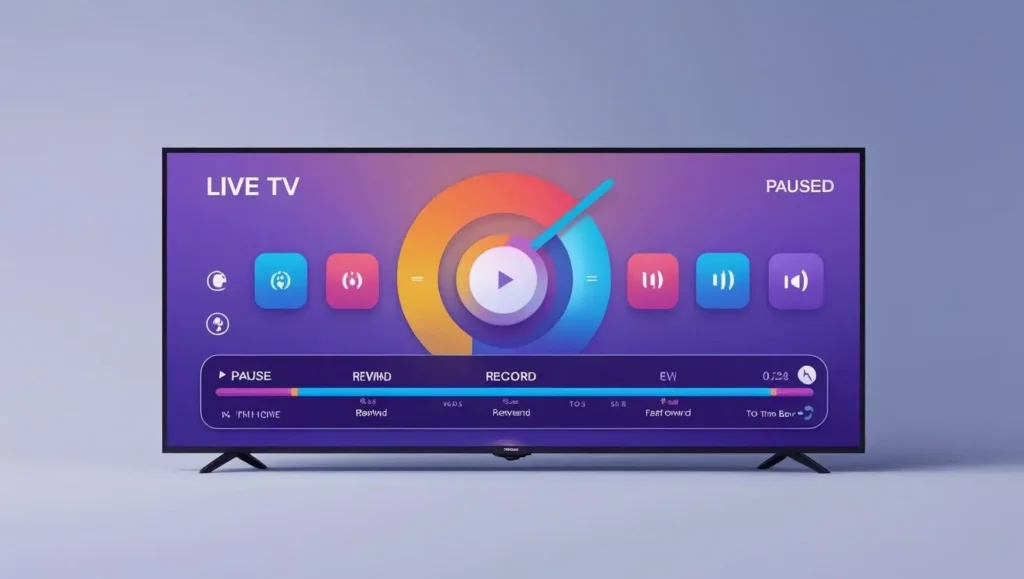 Magis TV interface showing pause, rewind, and record controls on a live stream
