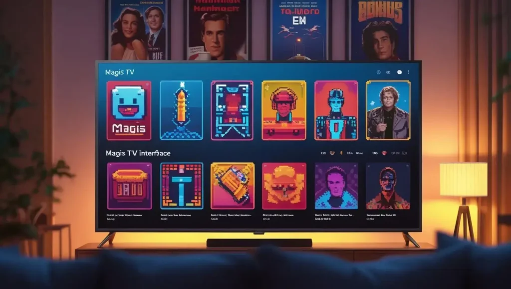 Magis TV interface displayed on a smart TV with a retro-themed background