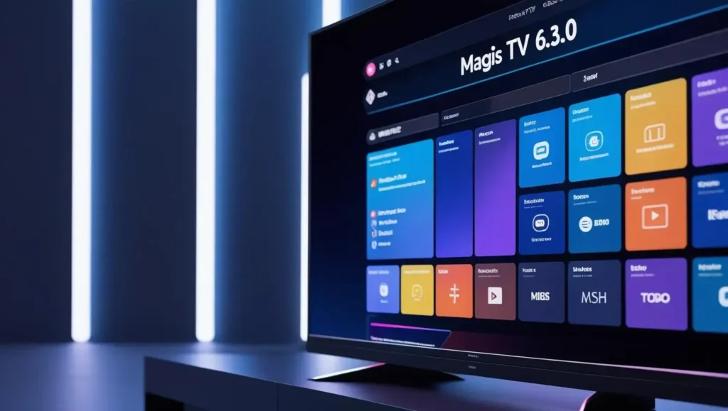 Smart TV running Magis TV v6.3.0 with categorized content and smooth layout