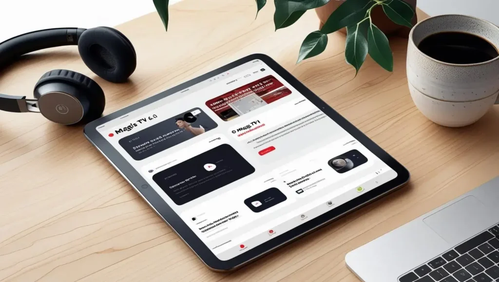 Tablet showing Magis TV v6.0 with clean layout and minimal ads