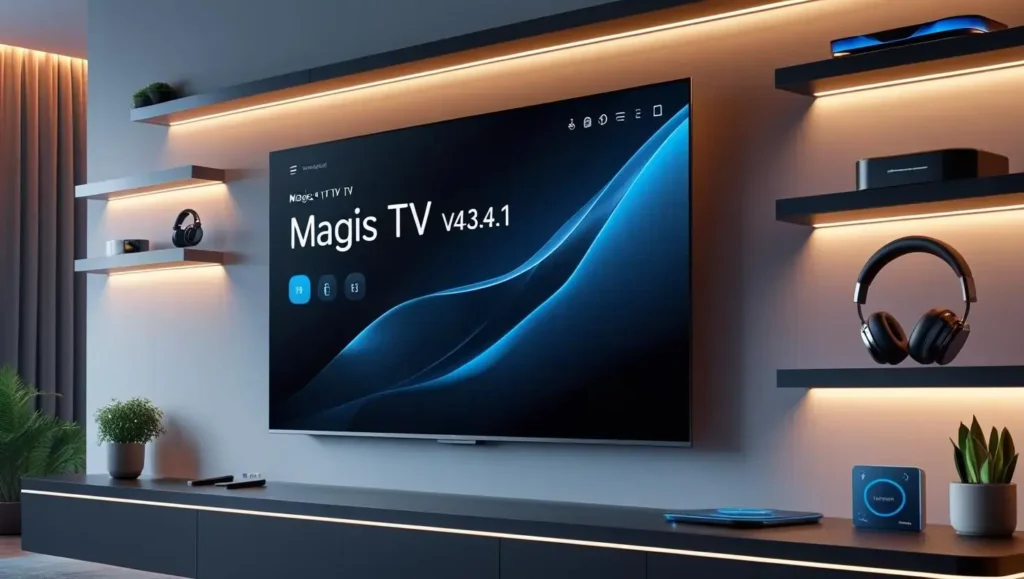 TV running Magis TV v4.34.1 with a minimalist interface and sleek layout