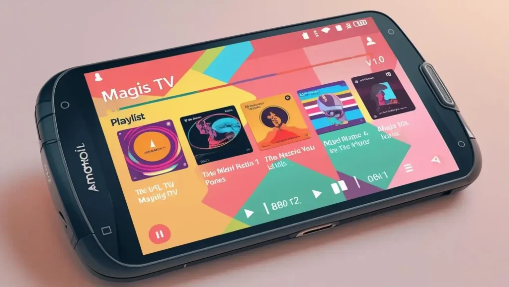 Old Android device showing Magis TV v1.0 playlist screen